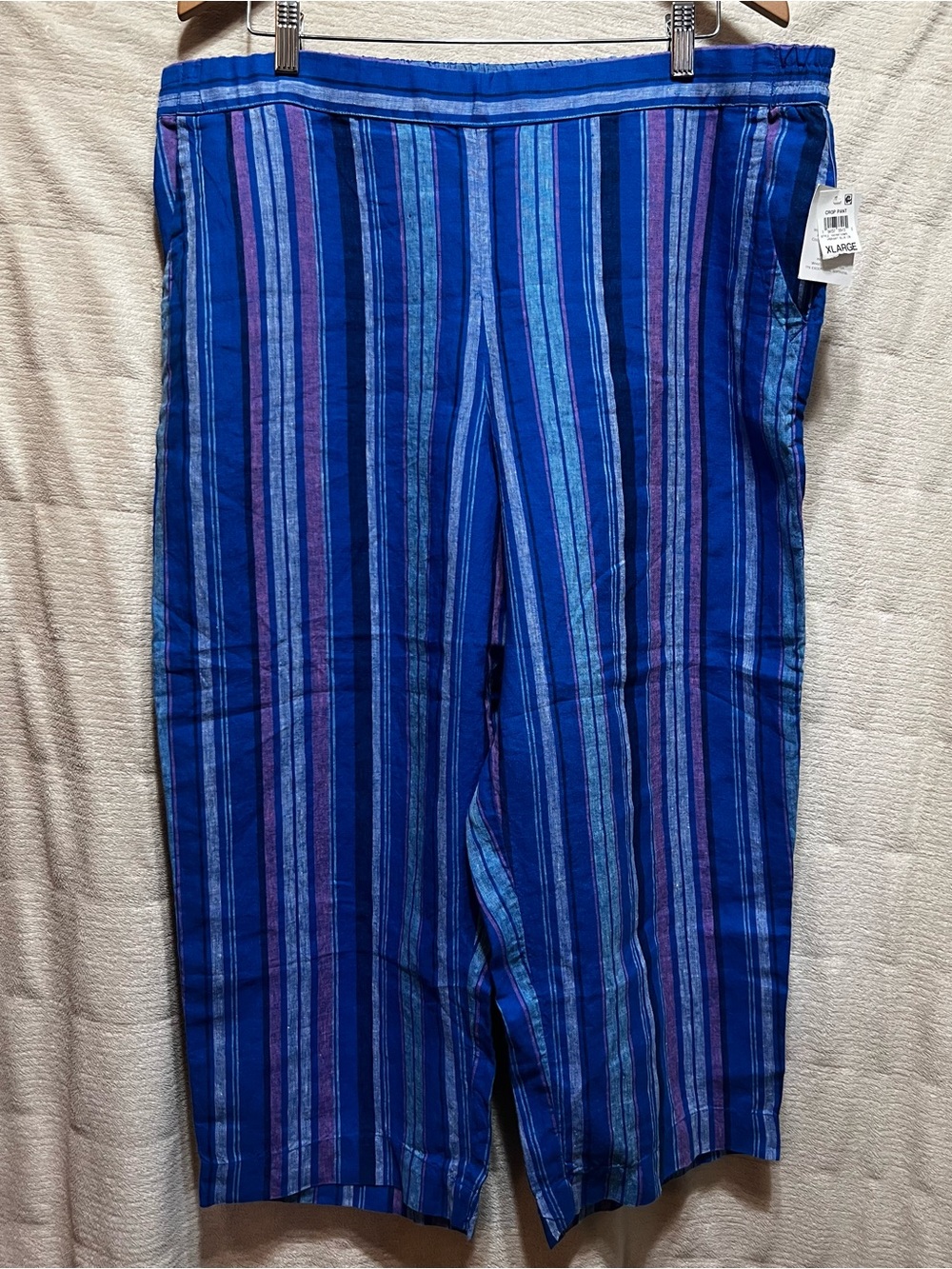 Charter Club Luxury 100% Linen Striped Pull-On Crop Pants XL Blue Purple NWT